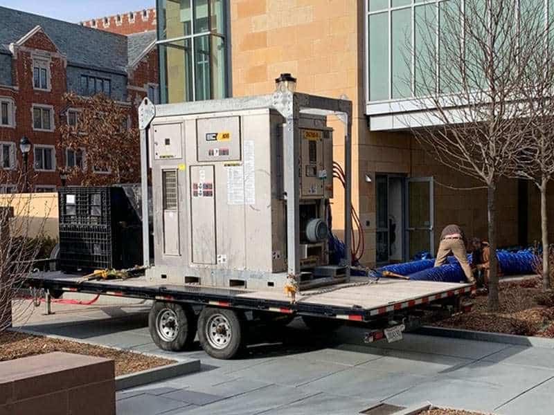 High-voltage electrical transformer on a rental trailer at REIC Rentals.