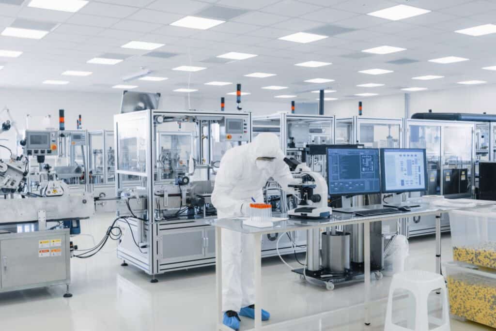 Advanced cleanroom with industrial machinery and scientist in PPE, focused on biotech research and development.