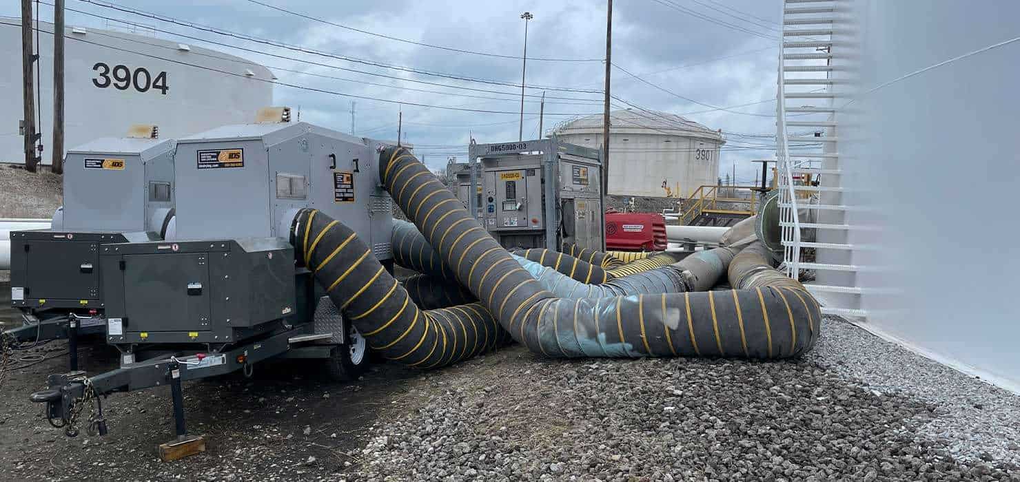 High-capacity industrial cooling units with large flexible ducts for rental use.