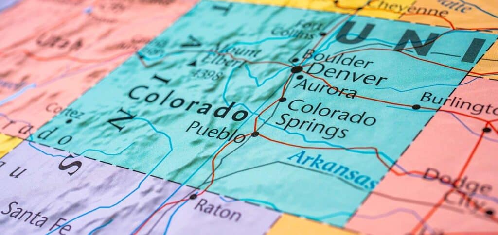 Colorado state map highlighting Denver and Aurora areas for real estate investments and rentals.