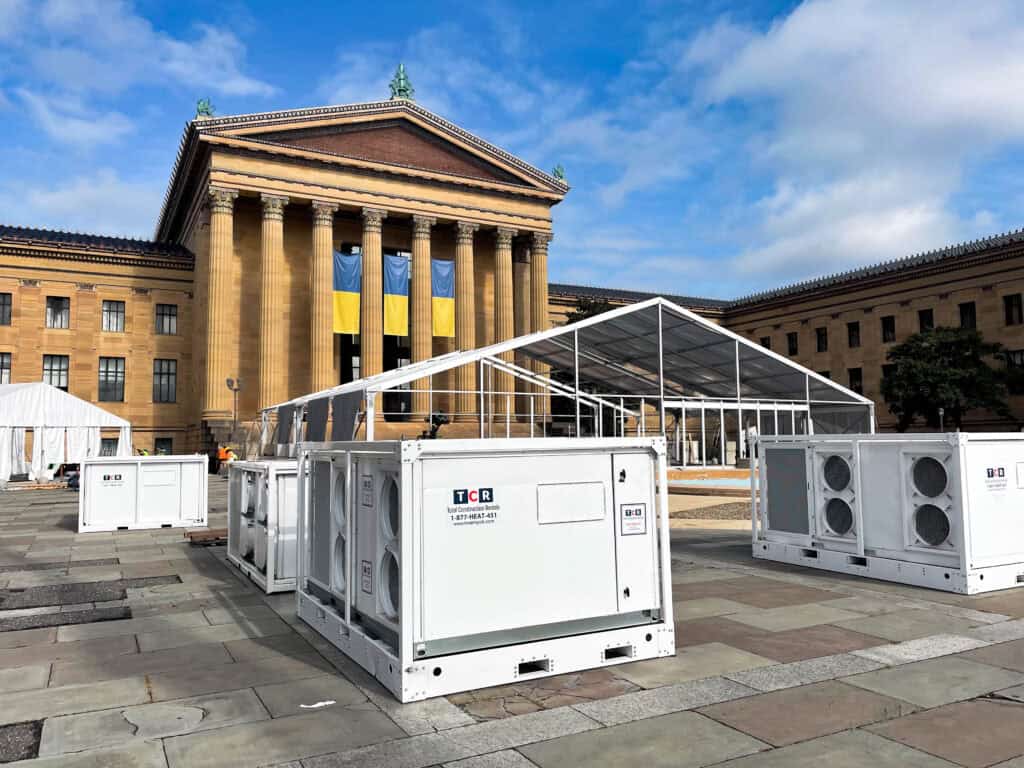 Industrial ducting equipment outside government building for heating and ventilation system.