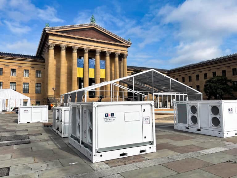 Industrial ducting equipment outside government building for heating and ventilation system.