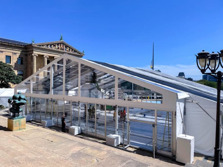 Temporary outdoor event tent installation at REIC Rentals, showcasing innovative event space solutions.