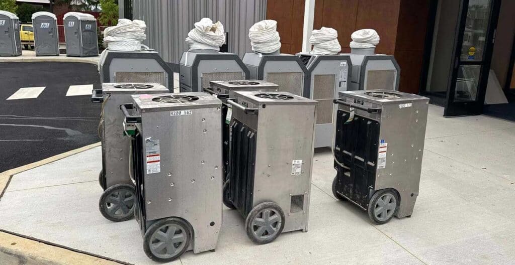 Metal appliances at REIC Rentals parking lot for commercial use, stainless steel equipment, industrial kitchen appliances, loading area, outdoor setting.