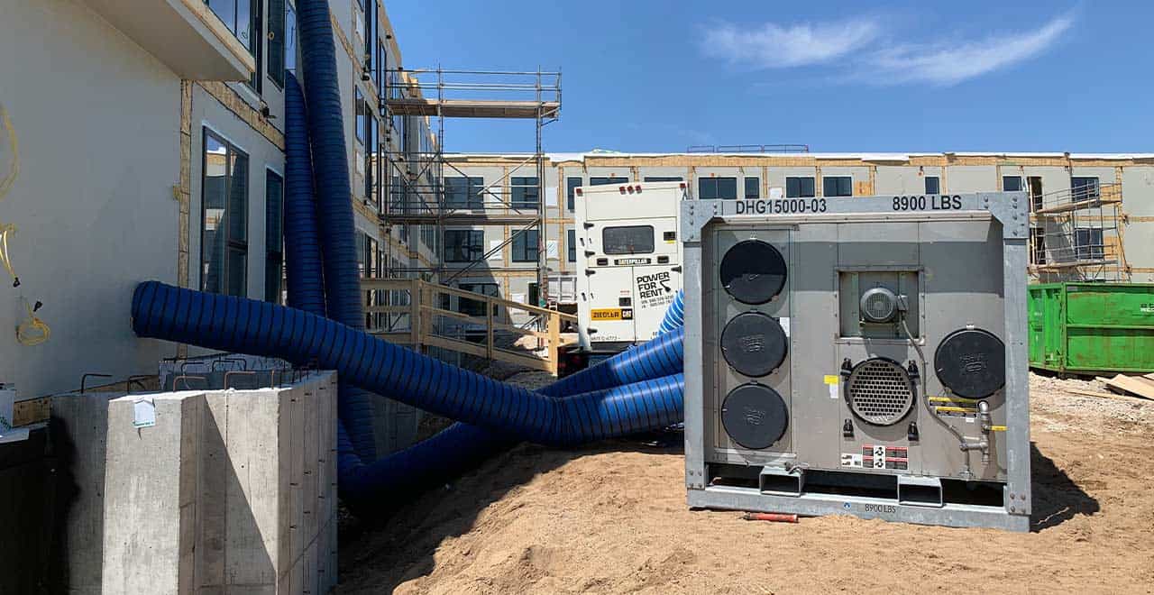 Flexible HVAC ductwork for construction site ventilation and climate control.