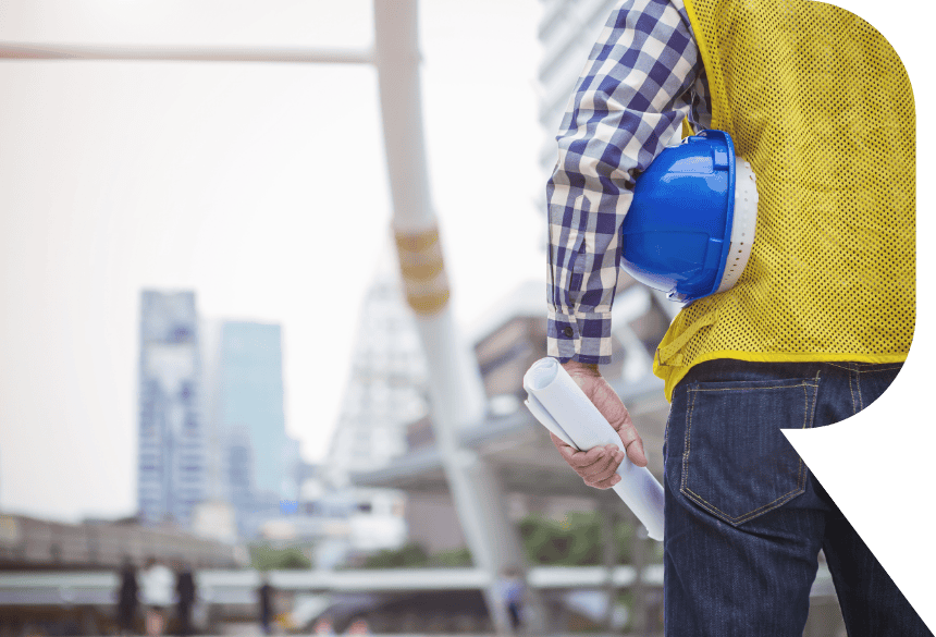 Construction worker holding blue safety helmet and blueprint at urban site, real estate, property management, commercial leasing, REIC rentals.