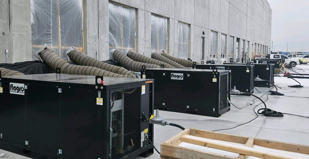 Industrial dehumidifiers used in cold weather construction projects for moisture control.