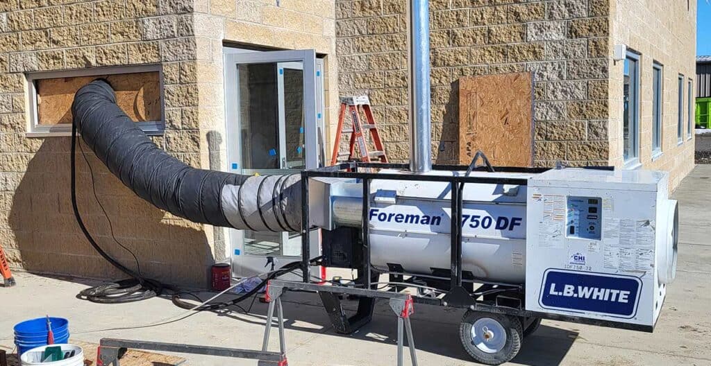 Portable heating unit providing temporary warmth during campus maintenance.