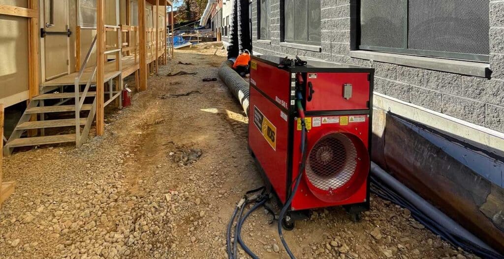 Portable drying heater for construction site drying and moisture removal.