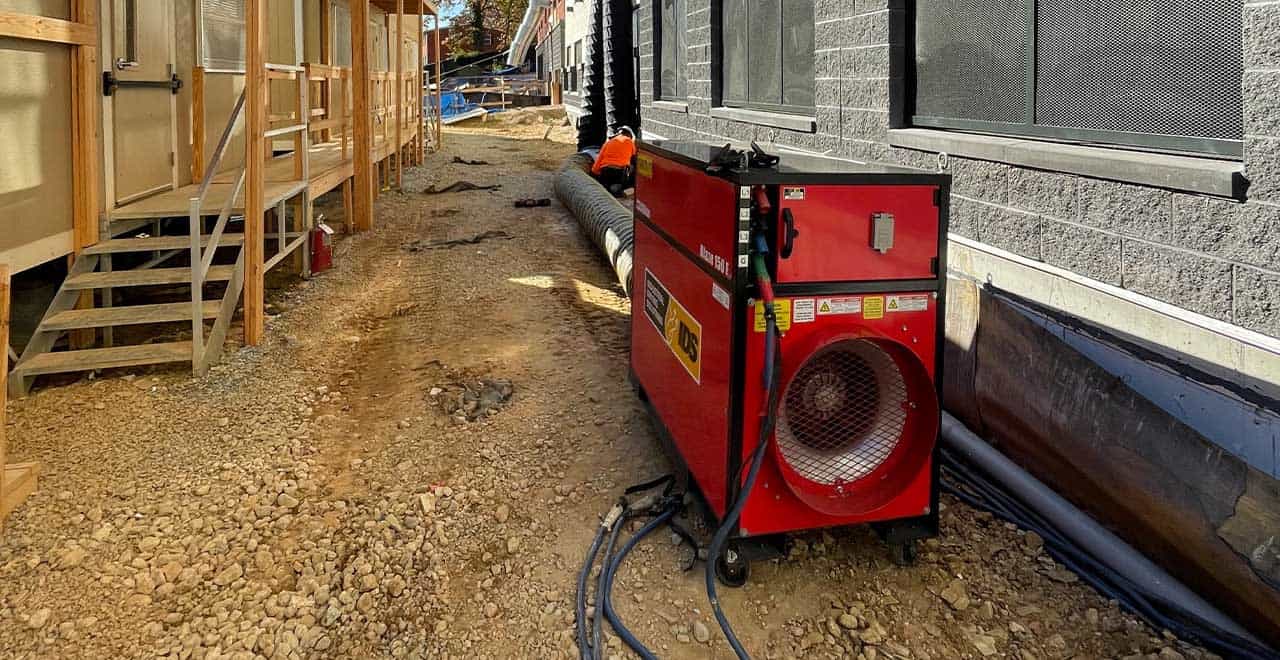 Portable drying heater for construction site drying and moisture removal.