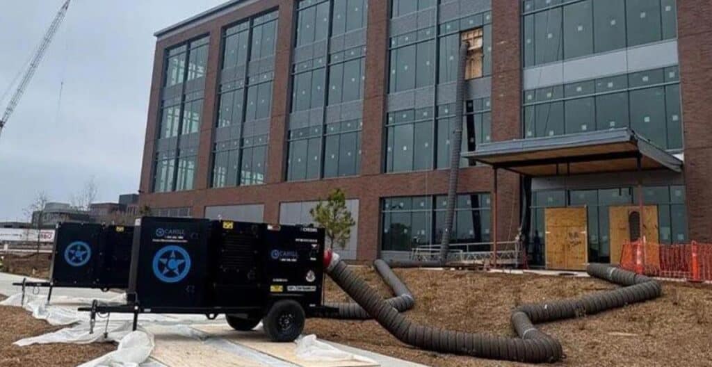 JetHeat units providing efficient heating for upper floors in a commercial building.