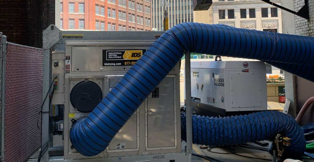Temporary power generator with flexible ducting for active construction projects.