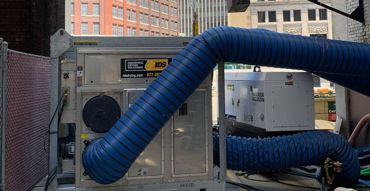 Temporary power generator with flexible ducting for active construction projects.
