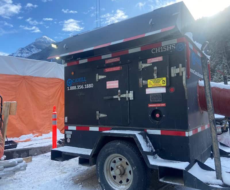 Electric power distribution unit for construction sites in snowy mountain environments.