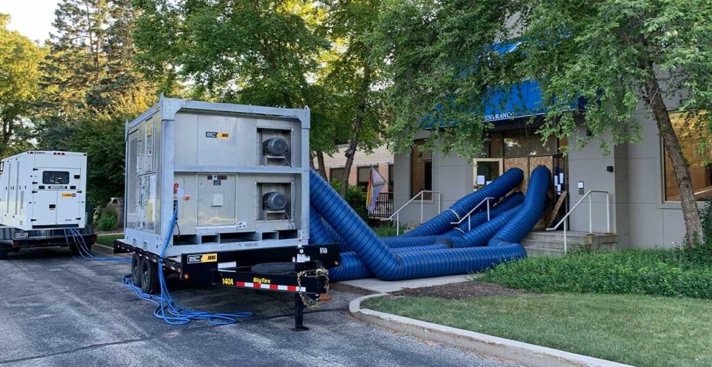 HVAC cooling system with large flexible ducts at data center.