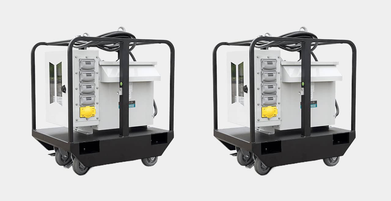 Two portable power units on a mobile cart for temporary electrical power solutions.