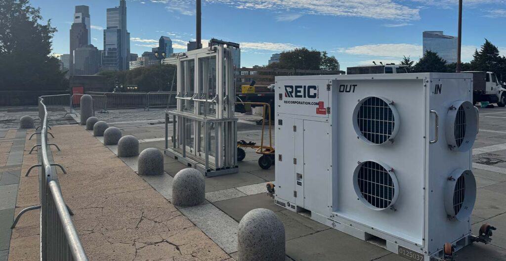 Portable HVAC units for construction site cooling and heat stress prevention.