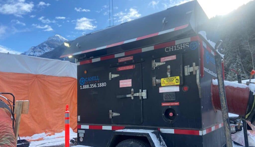 Heavy-duty portable heater used in cold mining environments for worker safety.