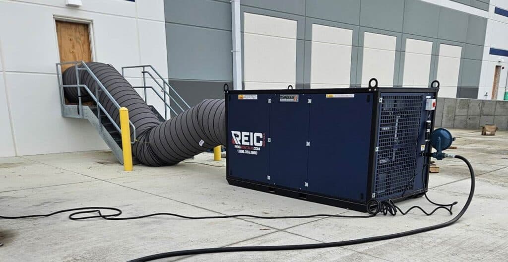 Portable cooling system for warehouse climate control and temperature management.