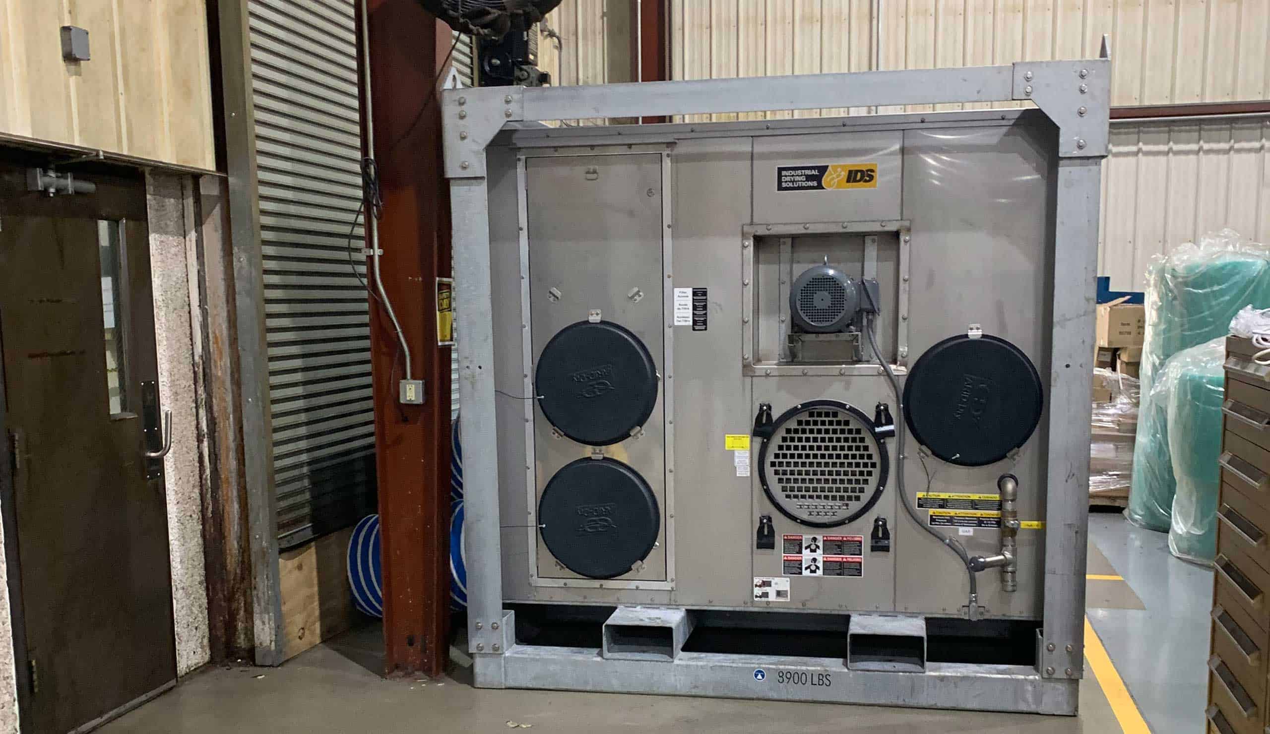 Large industrial air filtration unit in a pharmaceutical manufacturing facility.