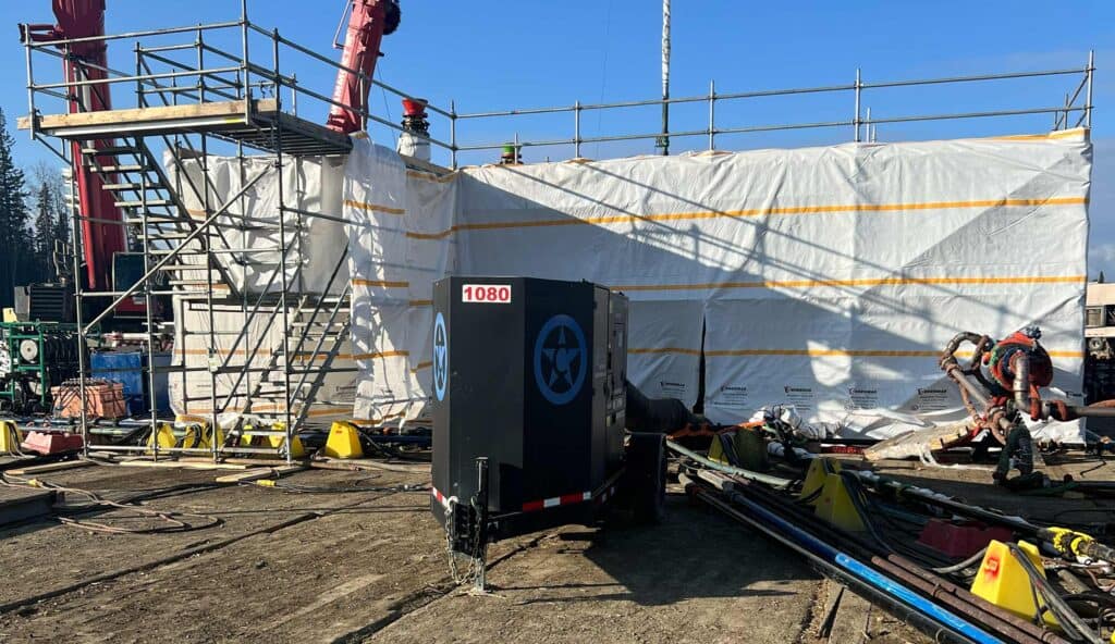 Rental heater on construction site for industrial heating needs.